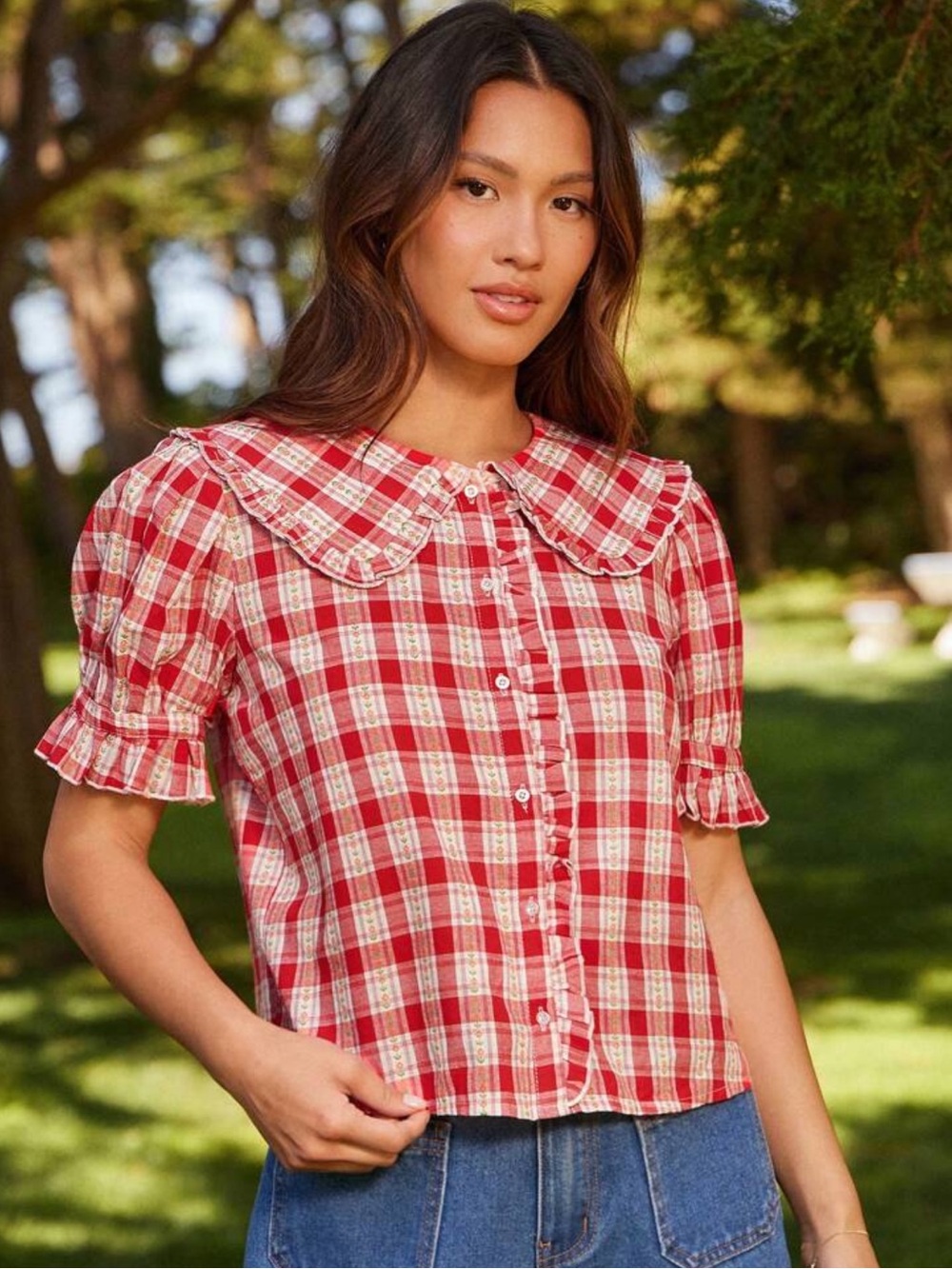 Red Plaid Button-Down Shirt with Peter Pan Collar